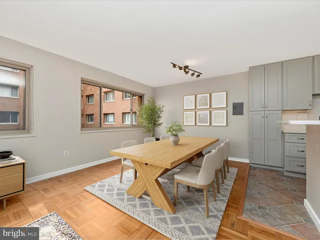 a view of a dining room with furniture