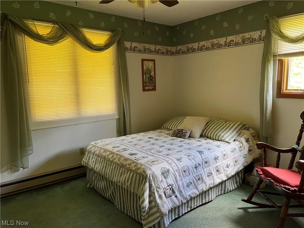 9632 Williams Road Diamond, OH 44412 - Photo 16 of 22 Bedroom with a baseboard heating unit, ceiling fan, and carpet flooring