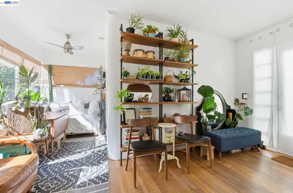 a living room with furniture and a book shelf