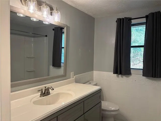 a bathroom with a sink vanity granite toilet and a mirror