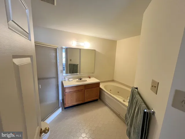 a bathroom with a tub sink and mirror