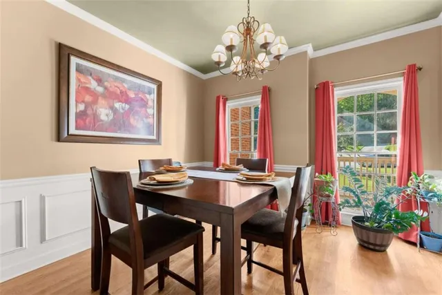 a view of a dining room with furniture window and wooden floor