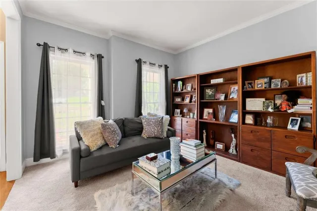 a living room with furniture and a book shelf