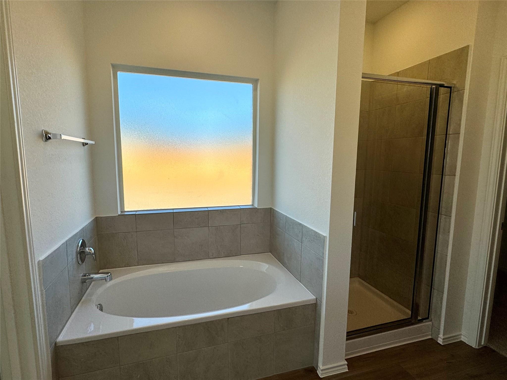 134 Agua Azul Bend Kyle, TX 78640 - Photo 6 of 10 Bathroom featuring a shower stall, a bath, and dark wood-style floors