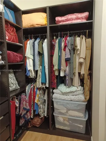 a view of walk in closet with clothes
