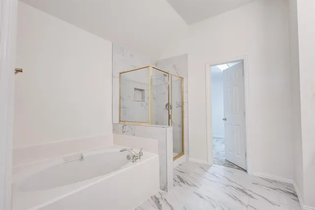 a bathroom with a bathtub and a shower