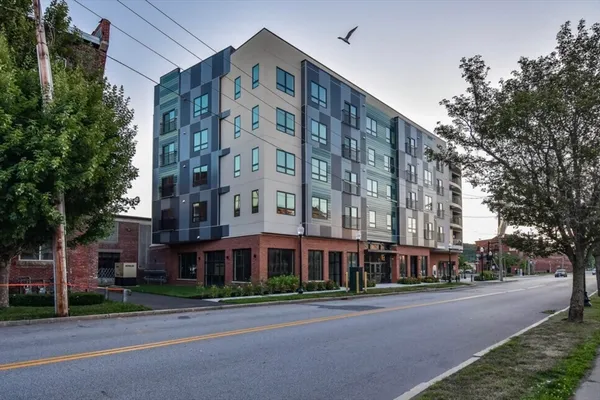 front view of a building with a street