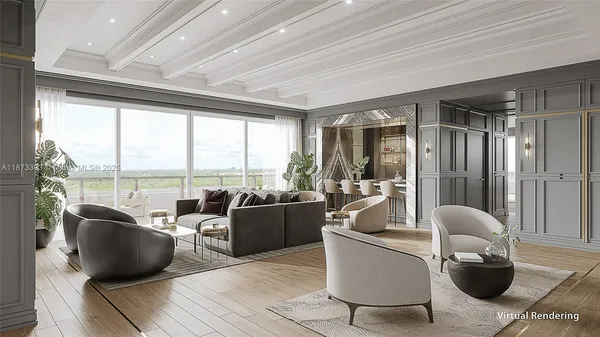 a living room with furniture tv and a large window