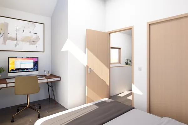 a workspace with furniture and window