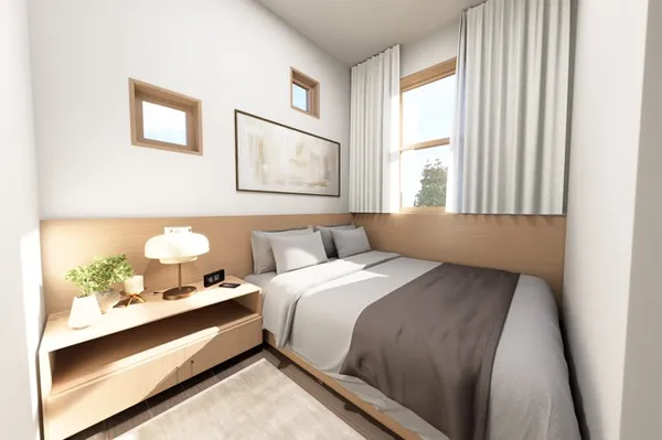 a bed room with a bed and a window