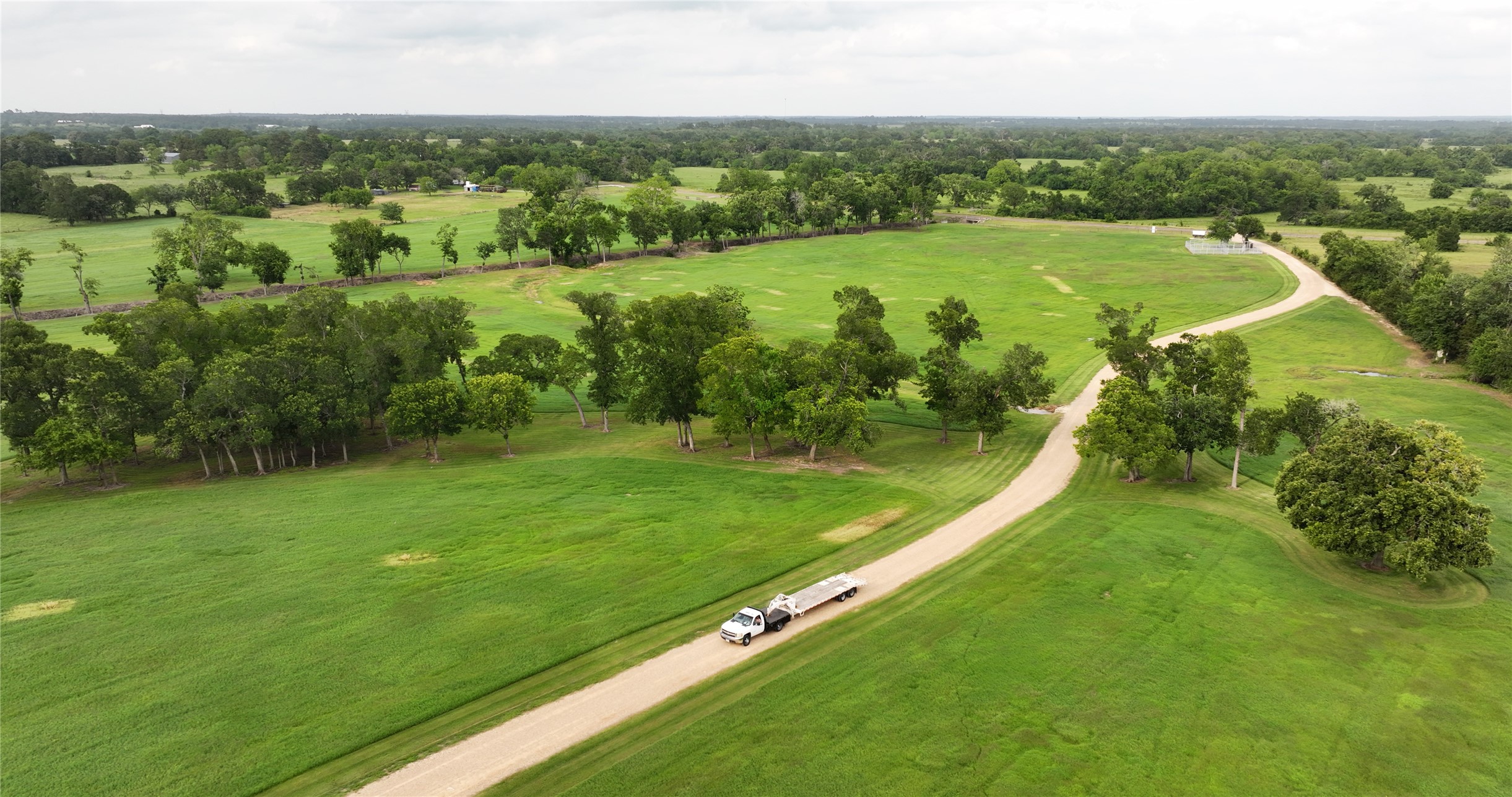 an aerial view of residential houses with outdoor space and trees