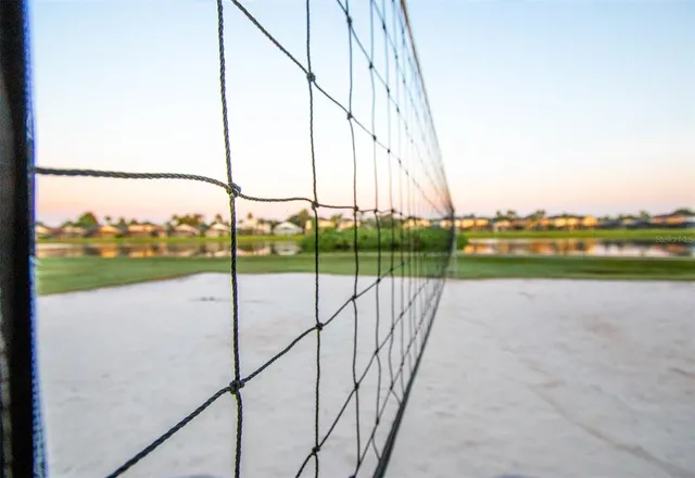 an aerial view of a swimming pool