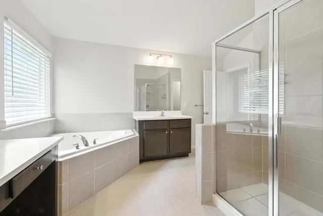a bathroom with a tub a sink and mirror