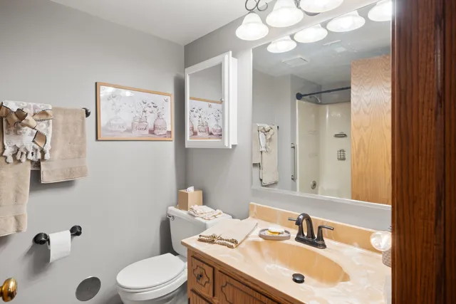 a bathroom with a sink a toilet and a mirror