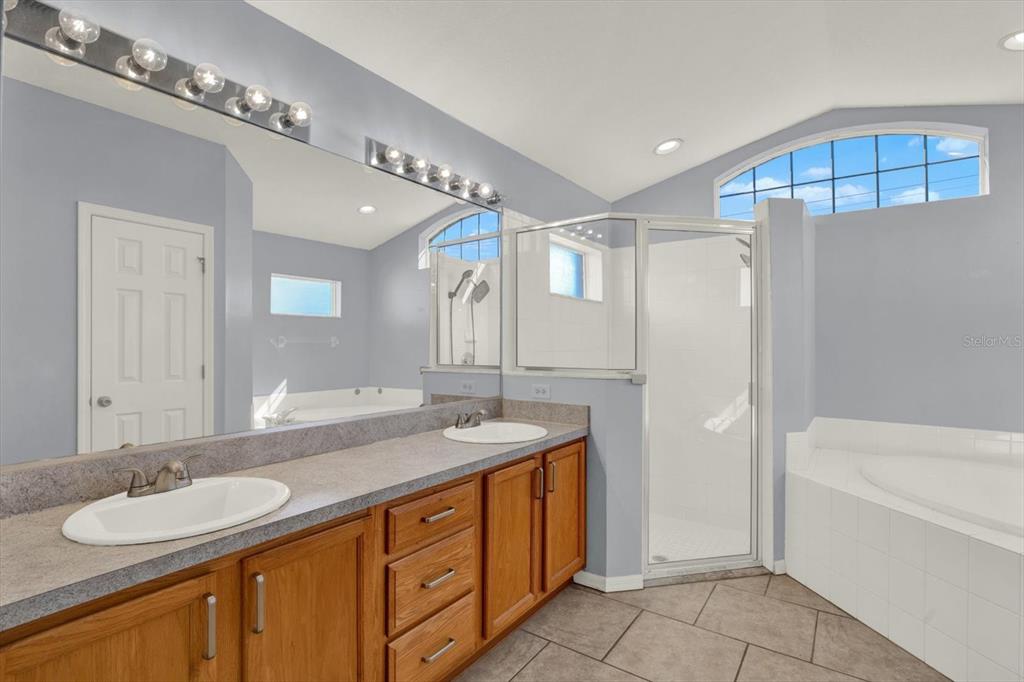 4400 Dior Road Spring Hill, FL 34609 - Photo 24 of 37 a bathroom with a granite countertop sink a mirror a bathtub and shower