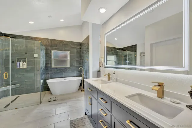 a bathroom with a sink double vanity and a shower