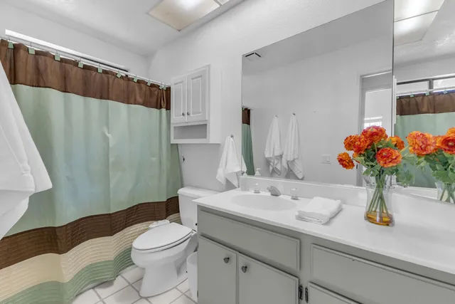 a bathroom with a sink a toilet and shower curtain