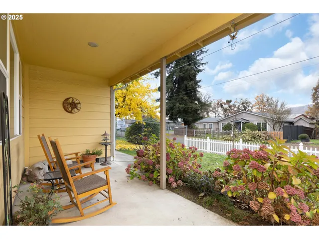 a view of a porch with garden