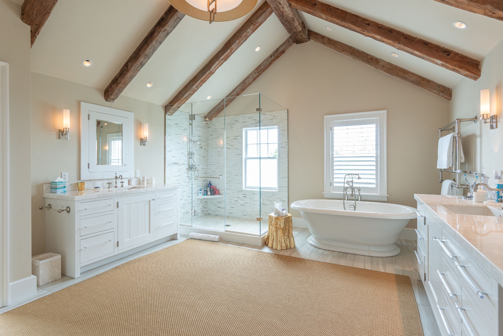 183 Polpis Road Nantucket, MA 02554 - Photo 27 of 62 a spacious bathroom with a granite countertop tub sink shower and mirror