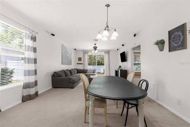 a view of a dining room with furniture window and outside view