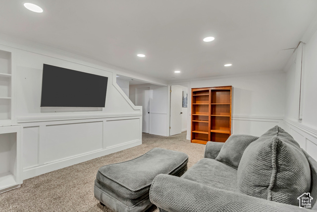 360 East Center Street Centerville, UT 84014 - Photo 38 of 41 Living room featuring a decorative wall, recessed lighting, carpet floors, and wainscoting