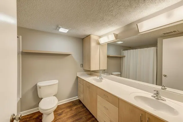 a bathroom with a sink toilet and a mirror