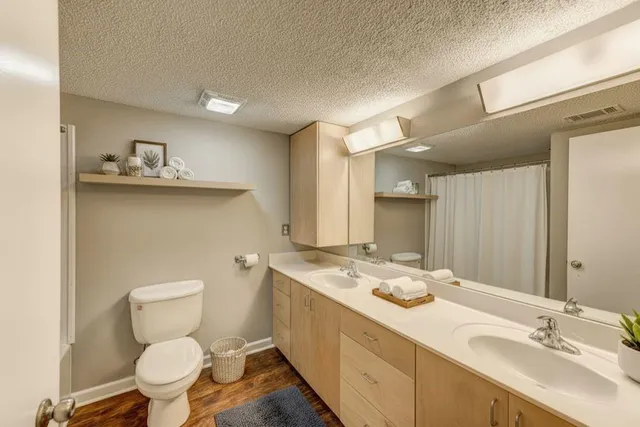 a bathroom with a granite countertop toilet sink and mirror