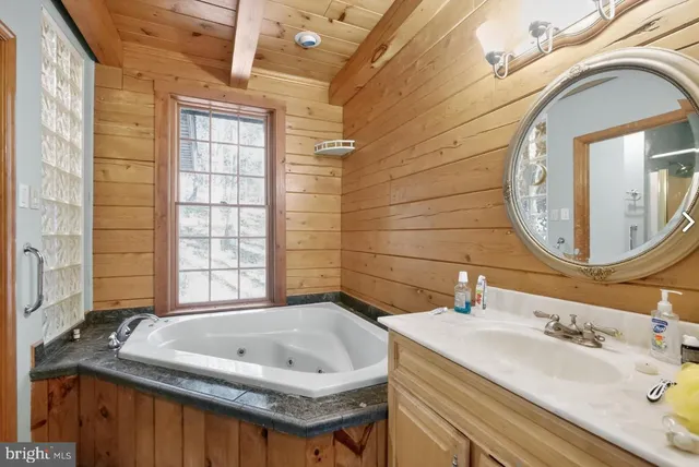 a bathroom with a tub a sink and a mirror