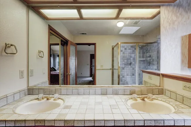 a bathroom with a sink and a mirror
