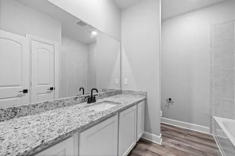 a bathroom with a granite countertop sink and a mirror