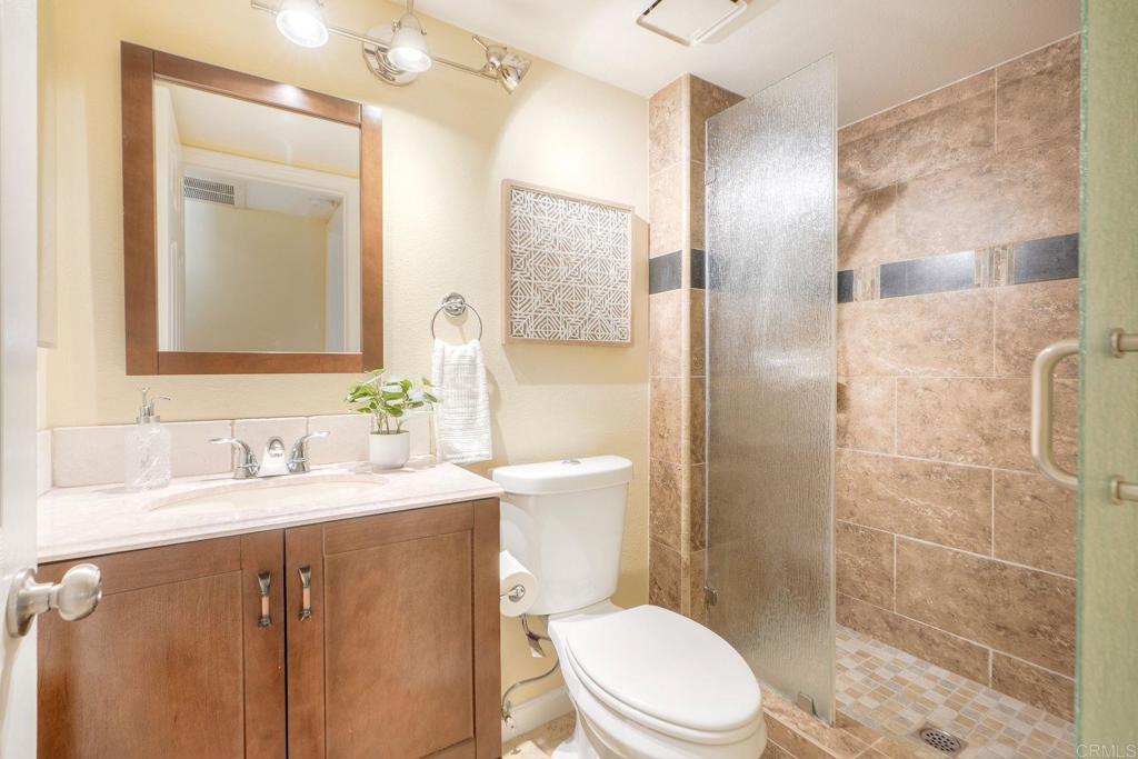 220 Shorehang Lane Encinitas, CA 92024 - Photo 17 of 27 a bathroom with a sink a toilet a mirror and shower