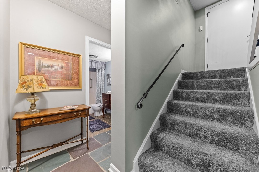 171 Granger Road, Unit 107 Medina, OH 44256 - Photo 31 of 41 Carpeted staircase with a dark metal handrail