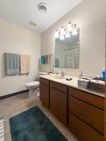 a bathroom with a sink mirror and toilet