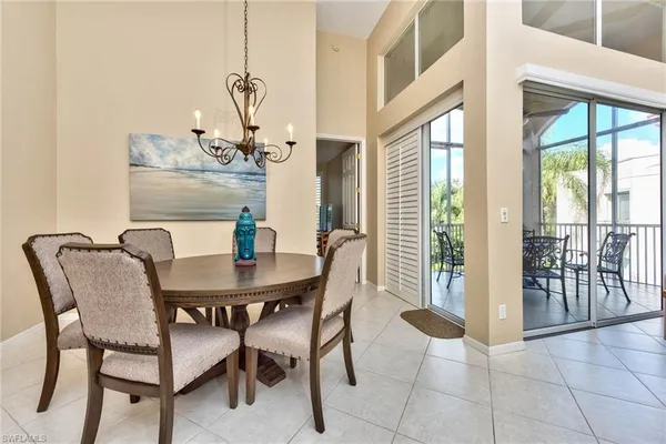 a view of a dining room with furniture window and outside view