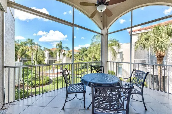 a view of a balcony dining area