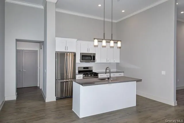 a kitchen with stainless steel appliances granite countertop a sink refrigerator and microwave