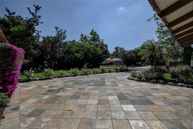 a view of backyard with outdoor space and trees