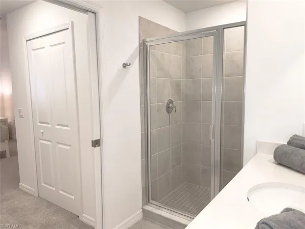 a bathroom with a shower and a sink