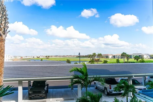 a view of a park with a palm trees