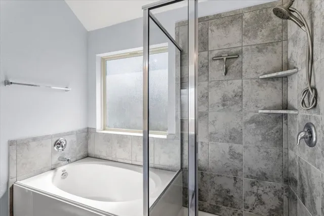 a bathroom with a bathtub and a shower