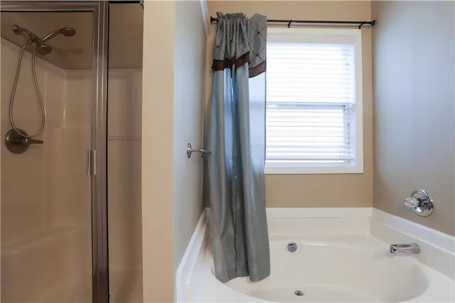 a bathroom with a bathtub and a shower