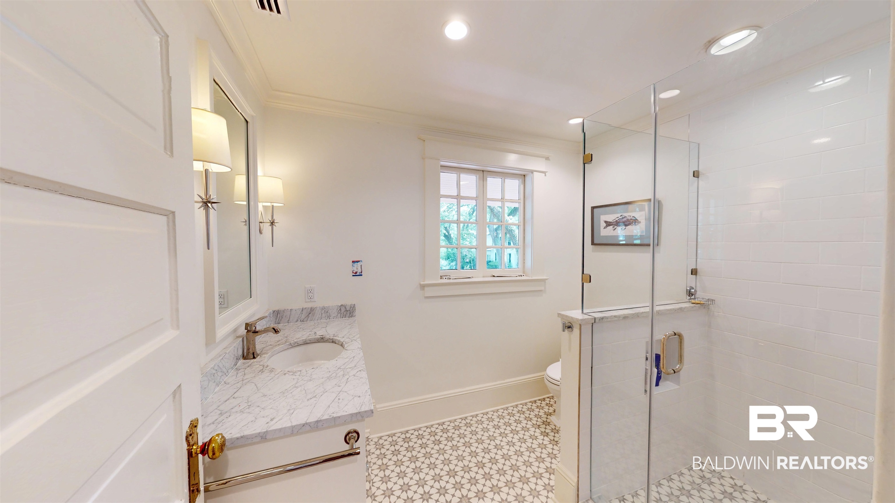 211 Lanier Avenue Mobile, AL 36607 - Photo 43 of 73 Bathroom featuring ornamental molding, a shower stall, vanity, and recessed lighting