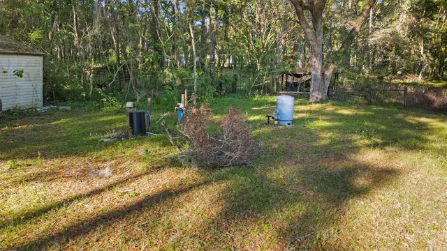 a backyard of a house with large tree