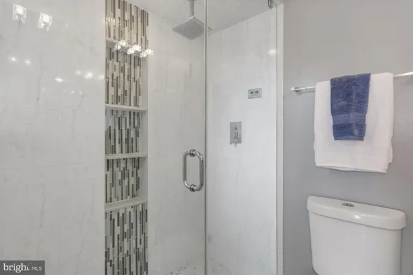 a bathroom with a shower and a toilet