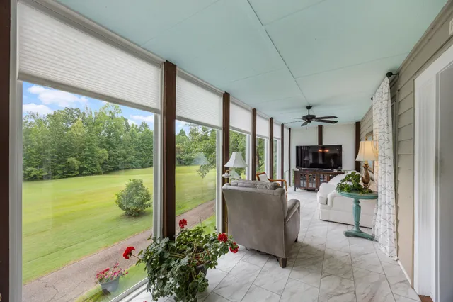 a living room with couches potted plants and a floor to ceiling window