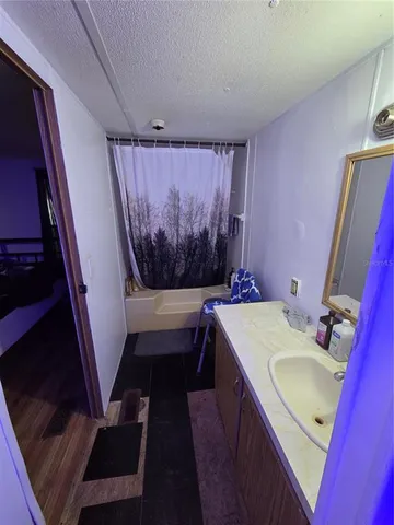 a bathroom with a sink a toilet a mirror and tub
