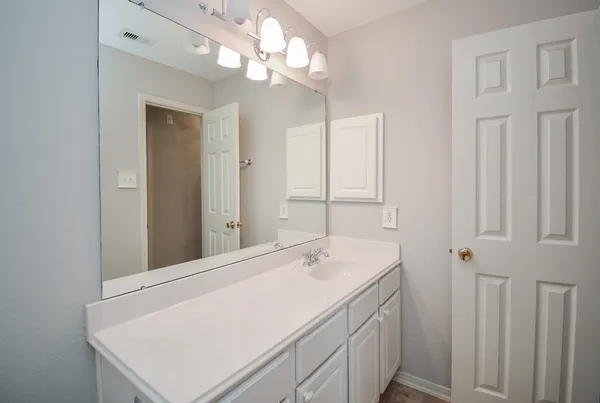 a bathroom with a sink a light fixture and a mirror