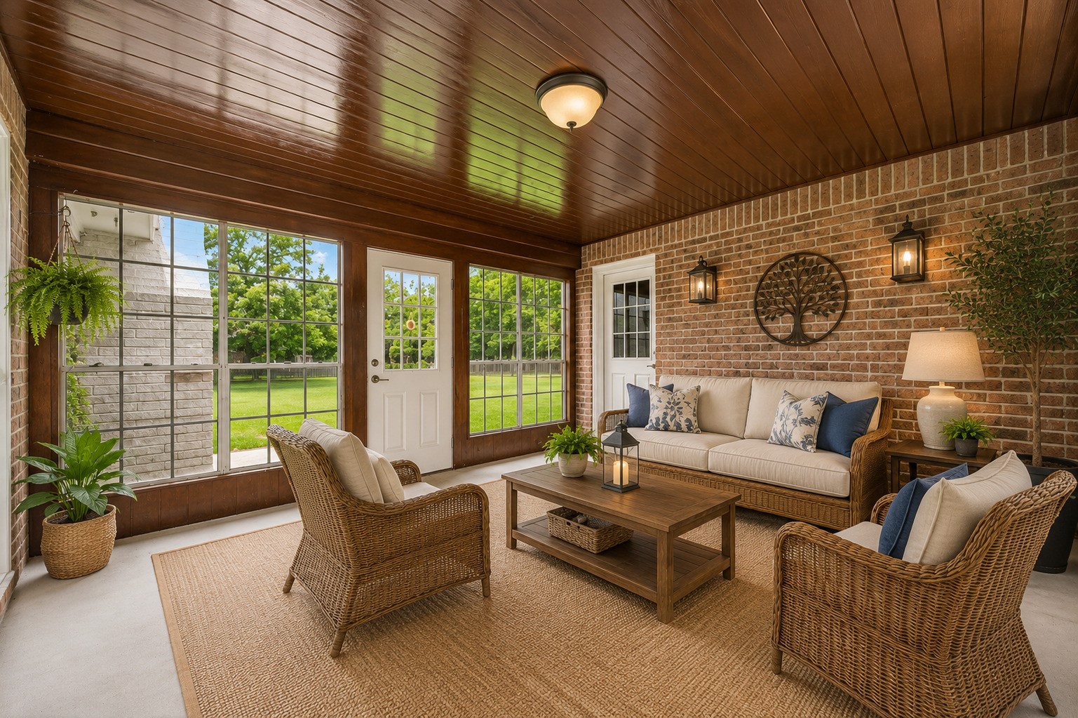 1004 Wagon Road Simonton, TX 77485 - Photo 25 of 40 This spacious enclosed back porch is a wonderful bonus living area, featuring a warm wood-paneled ceiling, exposed brick walls, and large multi-pane windows that frame gorgeous views of the lush green backyard. Multiple doors provide easy access both into the home and directly to the outdoor grounds. Whether used as a sunroom, sitting area, or entertaining space, this versatile room offers endless possibilities. (Virtually staged)