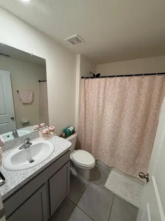 a bathroom with a sink a toilet and shower curtain