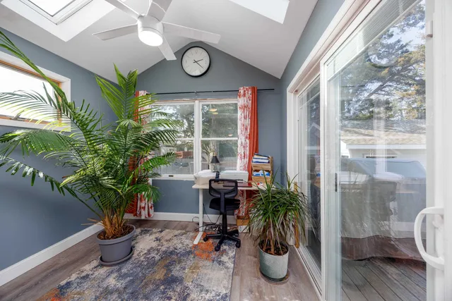 a view of a porch with seating area